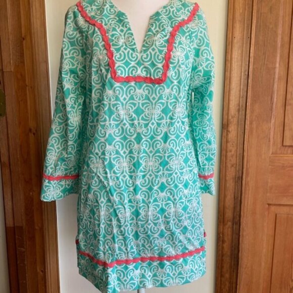 VINEYARD VINES Tunic Dress Geo Torquoise Print Coral Trim V Neck Long Sleeve S - Picture 4 of 17